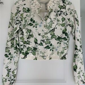 Alice + Olivia Cream and Green Vine Print Blouse
